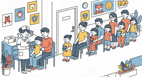 Doctor vaccinating child in clinic waiting room with families queueing