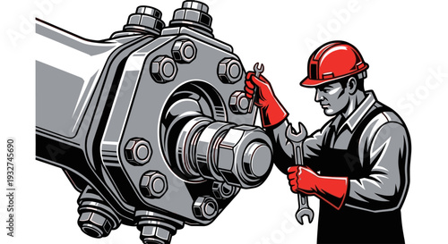 Illustration of a mechanic in a red hard hat and gloves using a wrench to repair a large industrial valve, emphasizing maintenance and skilled labor.