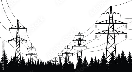 Silhouette of high voltage power transmission towers with electricity lines crossing forest landscape, energy infrastructure technology nature vector illustration