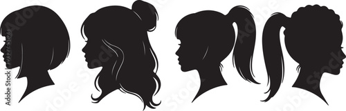 Set of Black Female Head Silhouettes with Various Hairstyles. Vector graphic. isolated PNG with Transparent Background