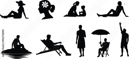 Silhouette of people relaxing on beach vacation with umbrella, lounge chair, sitting poses, leisure lifestyle summer holiday vector illustration