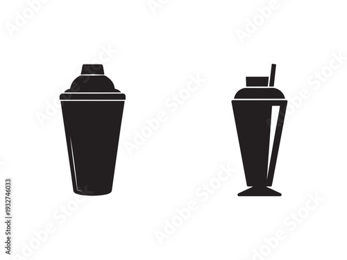 Two black cocktail shakers with lids and a straw on a white background  one with a handle and straw  illustration