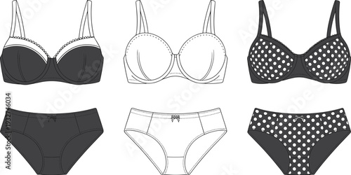 Women lingerie collection isolated on white background featuring detailed bra and panties in solid and polka dot styles vector fashion illustration set
