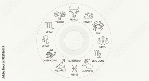 Zodiac wheel illustration featuring astrological signs and celestial symbols in a circular arrangement.