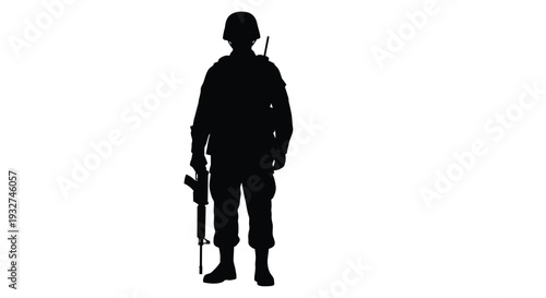 Silhouette of a soldier standing with a rifle against a white background