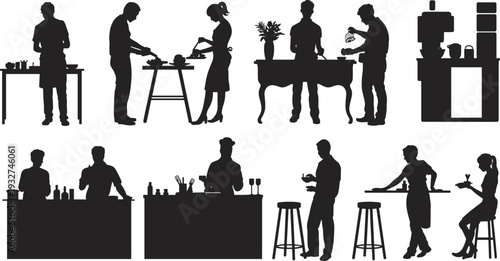 Silhouette of people cooking, preparing food, serving drinks, bartenders mixing beverages, hospitality restaurant bar service lifestyle vector illustration