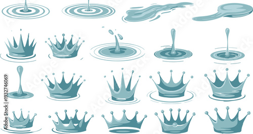 Water splash and ripple collection isolated on white background featuring droplet crowns liquid waves and splash effects vector illustration for design use