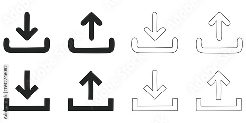 Hand-drawn cartoon and doodle set of download and upload icons on a white background.