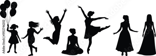 Silhouette of women and girls in various poses including balloons, running, dancing, meditation, lifestyle fashion vector illustration