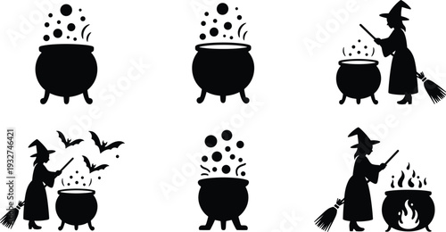 Vector illustration of witches with cauldrons, bubbling pot silhouettes, Halloween magic icons featuring steam, bats, broom, flames, mystical elements.