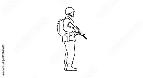 Line drawing of a soldier in uniform holding a rifle and wearing a helmet