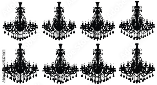 Elegant Black Silhouette Vector Set of Decorative Ceiling Lights, Vintage Chandeliers, Hanging Lanterns, Modern Pendant Lamps, and Luxury Interior Lighting Fixtures