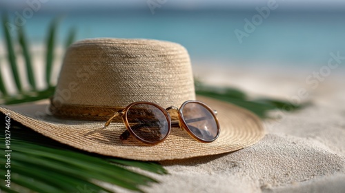 A hat lies on a book next to glasses, a beach holiday in summer