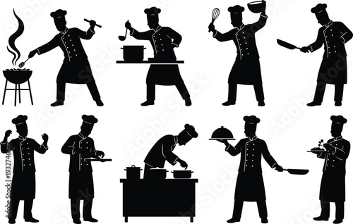 Chef silhouettes cooking illustration, black artwork, culinary activity design, professional kitchen tasks, decorative vector art, food preparation concept, restaurant artwork