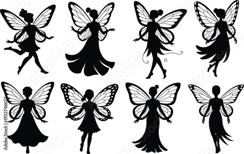 Whimsical black silhouette fairies with ornate wings in unique poses, fantasy vector illustration for folklore, children’s stories, decoration, mythology themes.