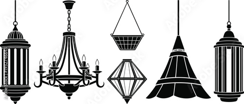 Black Silhouette Vector Set of Decorative Ceiling Lights, Vintage Chandeliers, Hanging Lanterns, Modern Pendant Lamps, and Interior Lighting Fixtures for Design