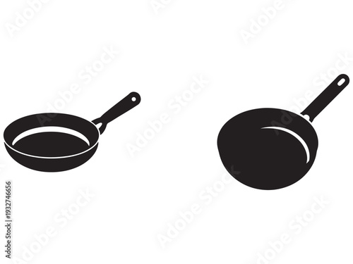 Two black frying pans side by side one empty and shallow the other deep and covered  kitchen cookware