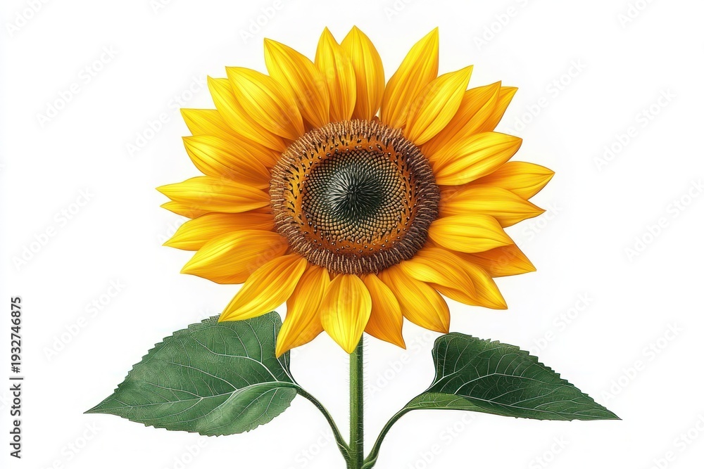 Obraz premium single vibrant sunflower with golden petals, textured seed center, two green leaves and sturdy stem on white background, bright and cheerful mood