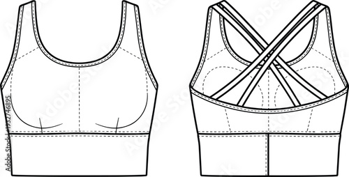 Sports bra flat sketch, activewear design, scoop neckline, crisscross straps, fitness garment, apparel illustration, clothing technical drawing, workout top