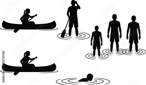 Water activity silhouettes illustration, people canoeing swimming, stylized vector artwork, recreational outdoor design, decorative nature concept, leisure lifestyle drawing