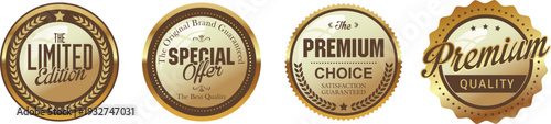 Four gold premium quality seals on a white background
