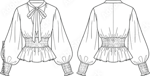 Women’s blouse flat sketch, bow neckline, puffed sleeve, smocked waistband, peplum hem, fashion design, garment illustration, clothing technical drawing