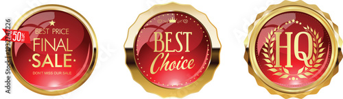 Golden sale and best choice badges on white background