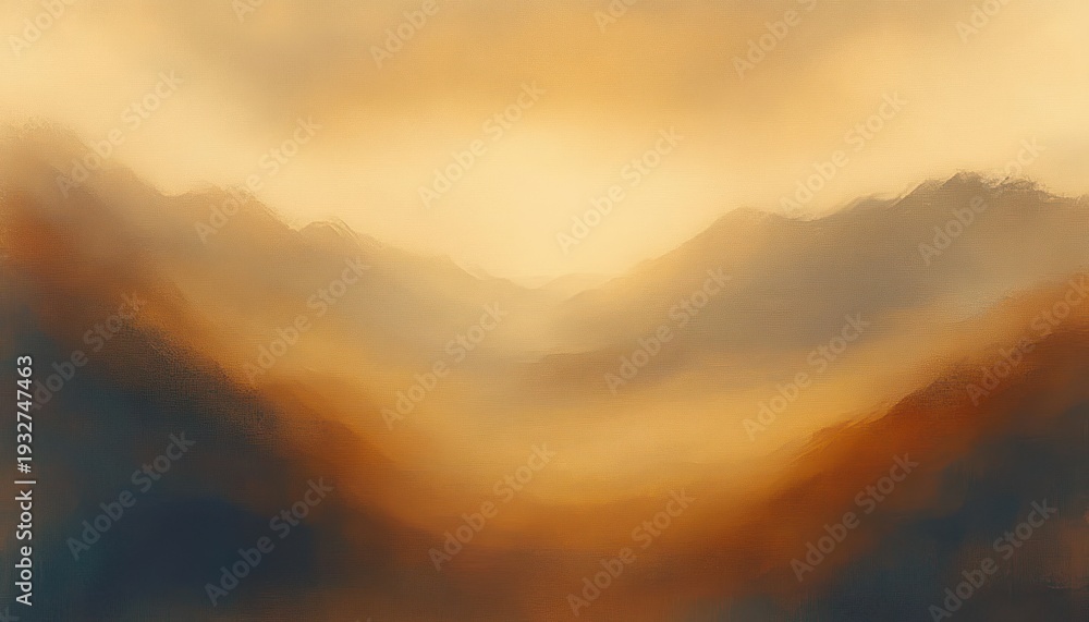 Fototapeta premium misty golden mountain valley at sunrise with layered peaks, soft painterly texture and a calm serene atmosphere