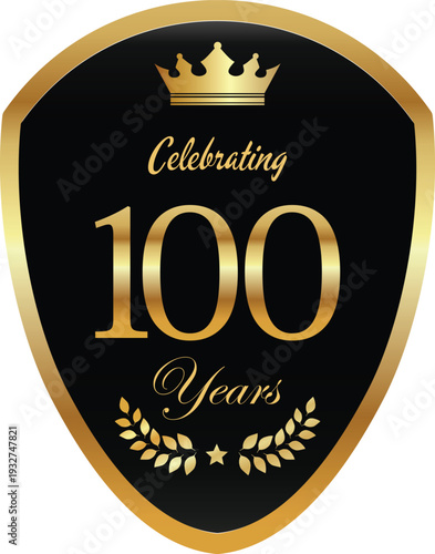 Gold shield with 100 years celebrating text
