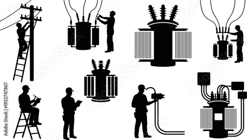 Electrician silhouette set transformer installation maintenance vector illustration electrical worker engineer lineman power equipment technician collection