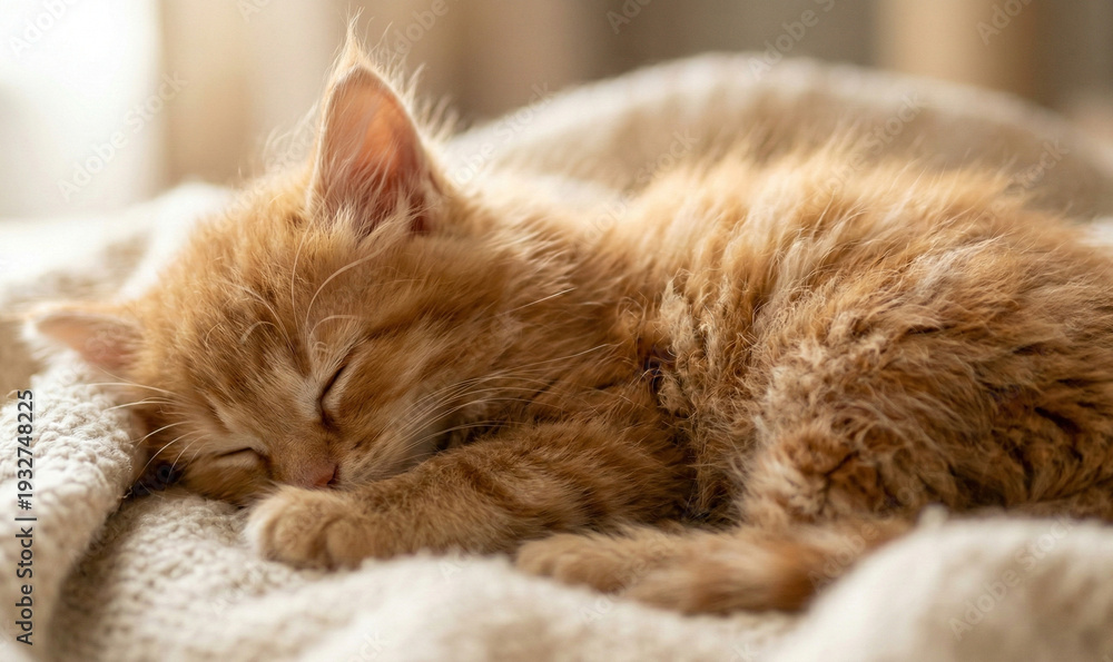 Fototapeta premium Cozy Fluffy Ginger Kitten Fur Close Up Macro