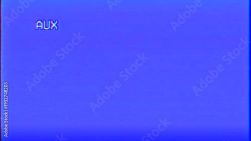VHS tape, television blue screen with noise and glitch, play text, retro tv