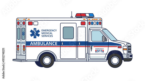 Ambulance vehicle, emergency medical services, white with blue stripes, on white background