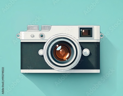 Retro vintage camera with large glass lens, textured black body, silver dials, viewfinder and strap lugs on a mint turquoise background casting a long shadow, minimalist and nostalgic