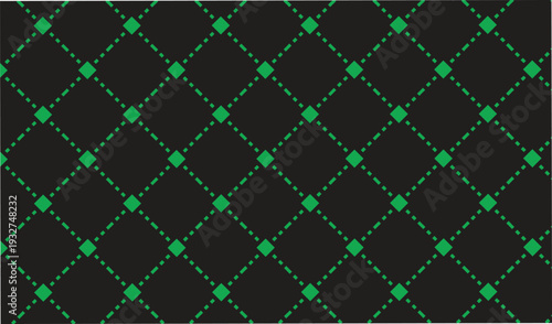 Green diamond grid seamless pattern on black background with dotted lines creating geometric lattice texture for decorative wrapping paper or fabric textile vector design