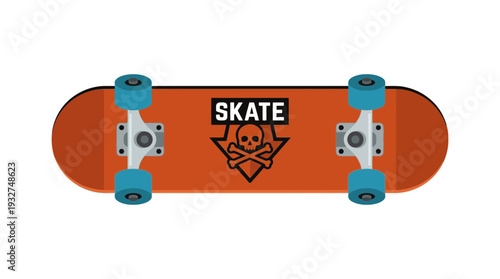 Orange skateboard with skull graphic and blue wheels, isolated on white