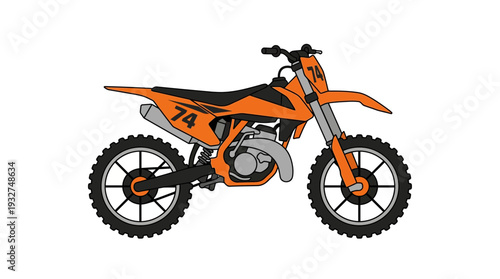 Orange motocross dirt bike, isolated on white background, speed concept