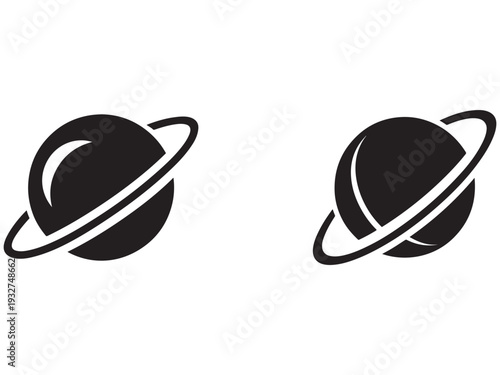 Two black planet icons with rings on white background for astronomy and space design