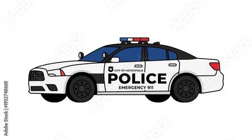 Police car with siren lights on white background