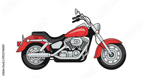 Red cruiser motorcycle, isolated on white background