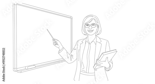 A line drawing depicting a female teacher presenting with a pointer and notepad