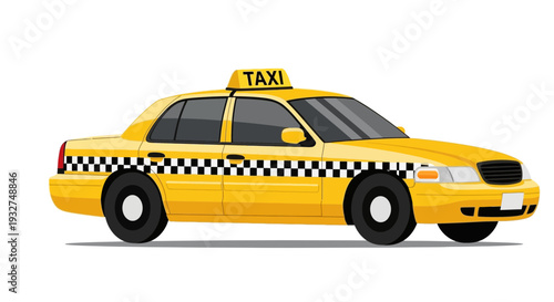Yellow taxi cab with checker pattern side stripe, isolated on white background