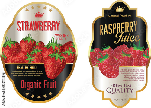 Strawberry and raspberry juice labels with fruit images