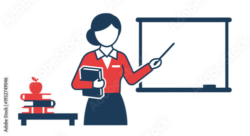 A female teacher stands presenting at a whiteboard with books and an apple nearby