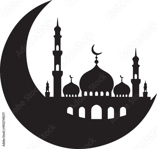 A black silhouette of a mosque and crescent moon

