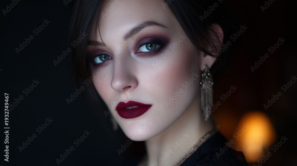 Fototapeta premium Evening makeup with dramatic smokey eyes, bold eyeliner, deep red lipstick, low warm lighting