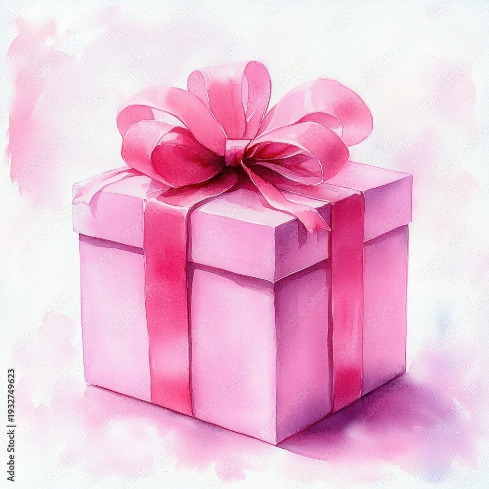 Obraz premium soft watercolor pink gift box wrapped with a wide ribbon and large bow on a pale pink wash background, evoking a delicate romantic and celebratory mood