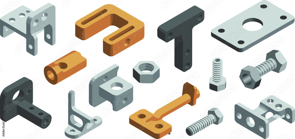 Obraz premium Isometric mechanical metal brackets and fasteners set, 3D industrial mounting plates, bolts and hardware components collection