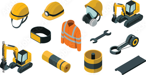Isometric construction safety gear and machinery set, hard hats, excavators, respirator mask and industrial tools