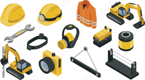 Isometric construction safety equipment and machinery set, hard hats, excavators, tools and protective gear illustration